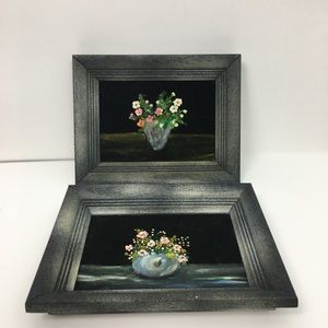 VTG Floral Acrylic Velvet Paintings Set of 2 Black Frame Original Cottagecore